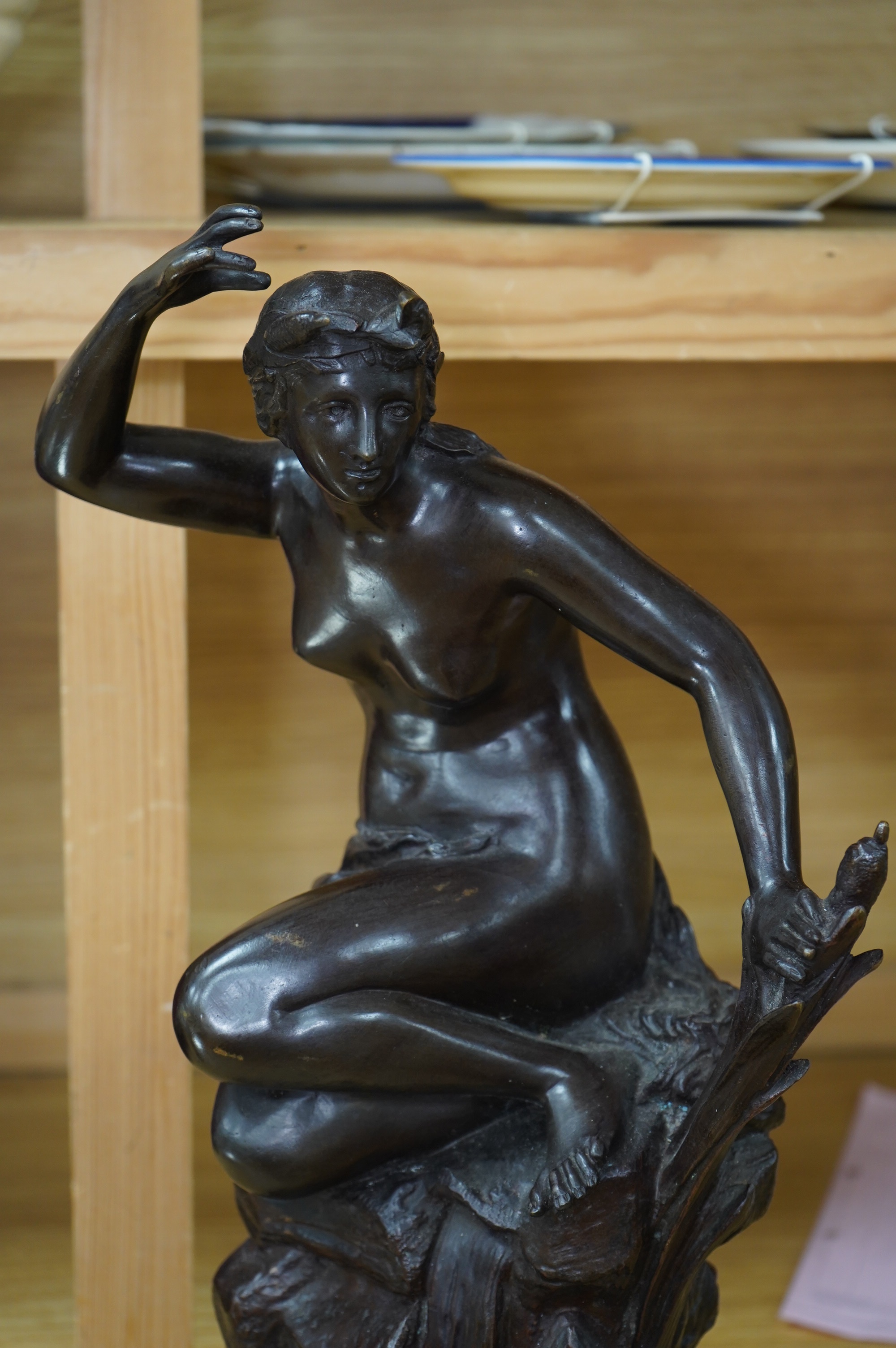 A 19th century classical bronze of a maiden, signed B. Barrault, 49cm high. Condition - some slight grazing to patina of figure and base, otherwise good